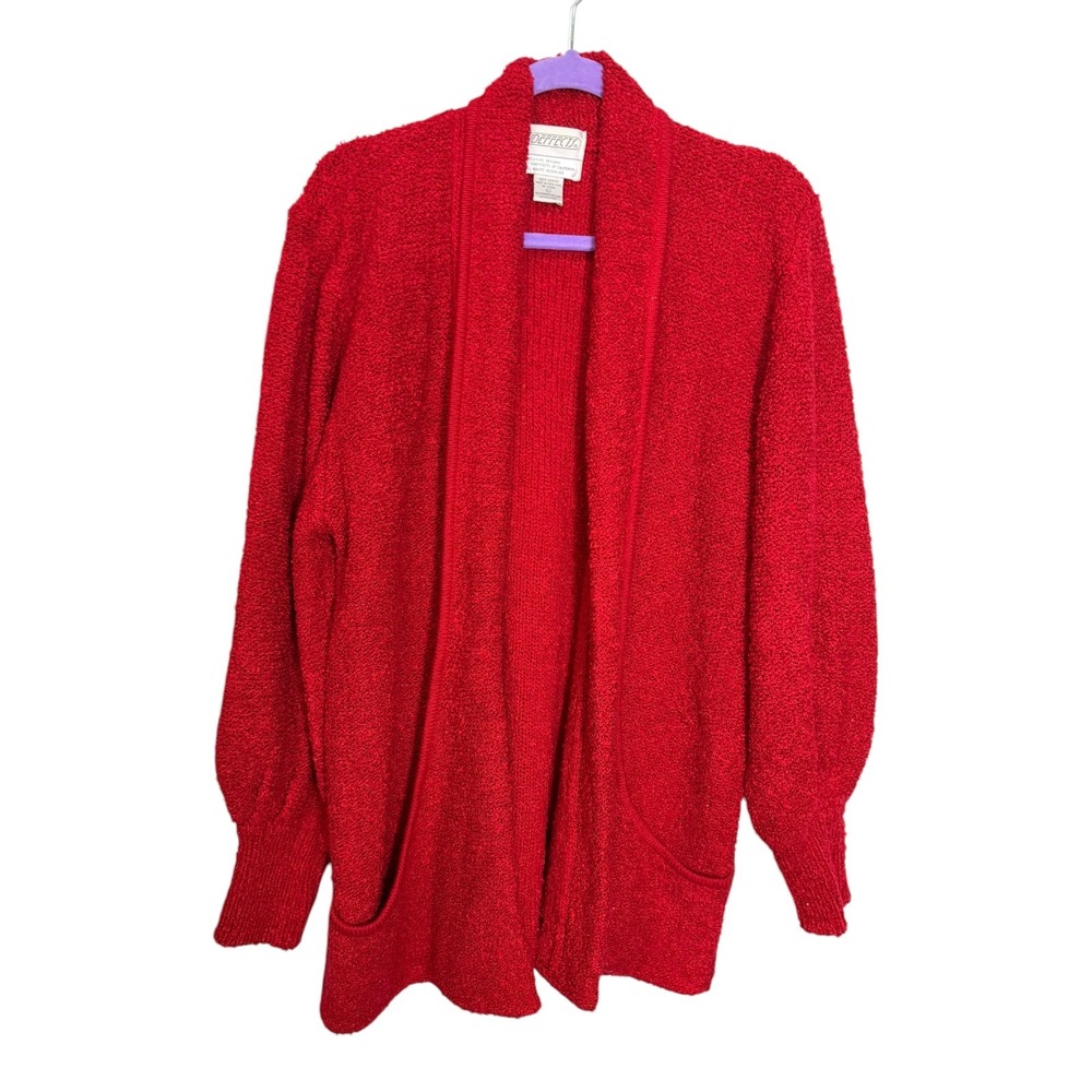 Sideffects L Red Cardigan Open Front Bouclé Knit Shawl Collar Retro Cozy